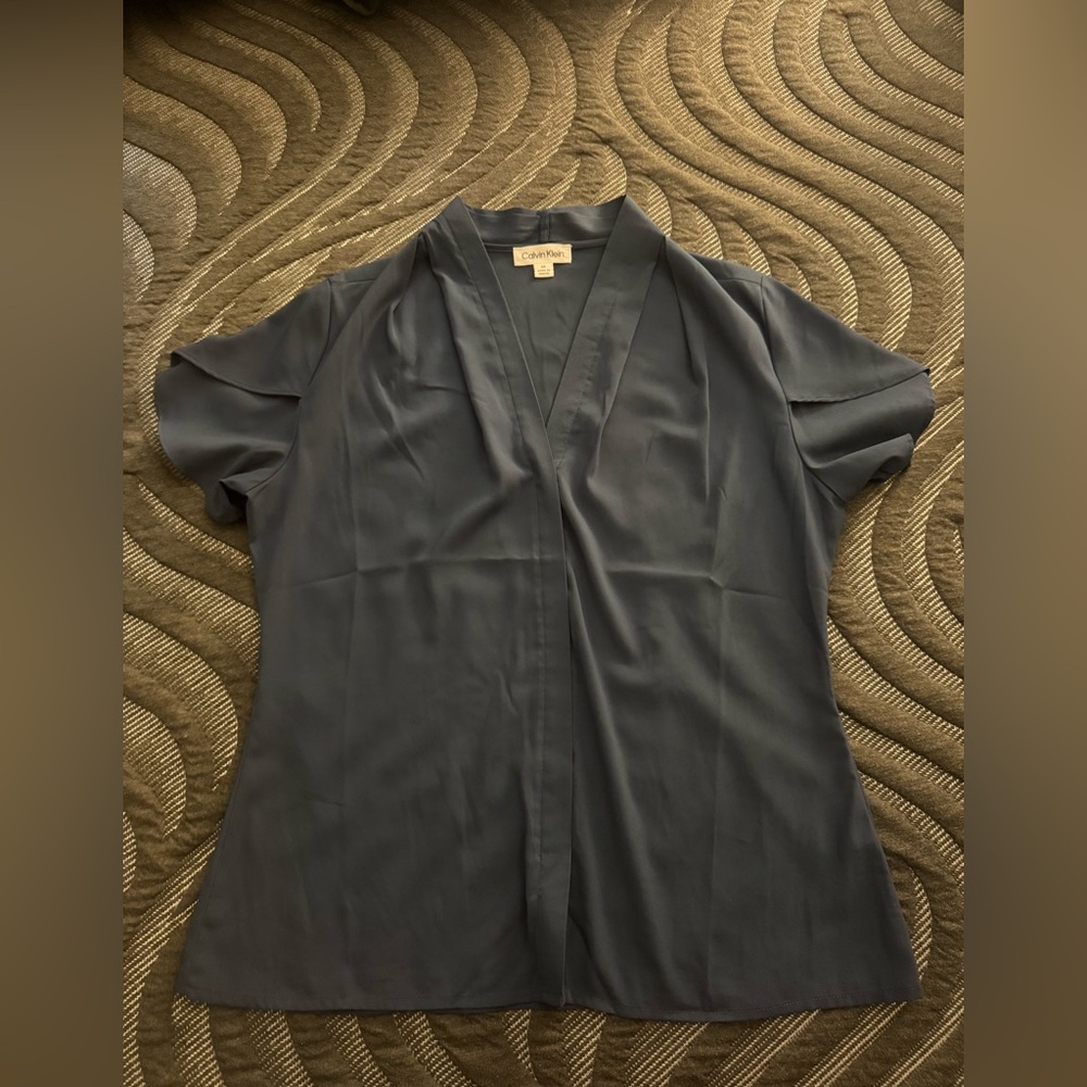 Calvin Klein light Navy Blouse with Mandarin Collar